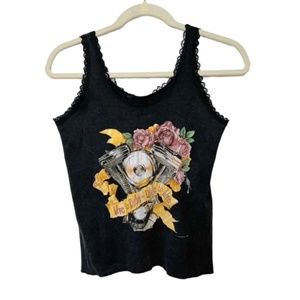 Vintage Harley Davidson | 3D Emblem Lace Tank Top Roses Live to Ride